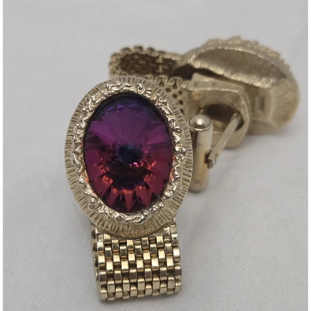Vintage SWANK Mesh Wrap Around Cufflinks & Tie Tack Set Watermelon Rivoli AB...